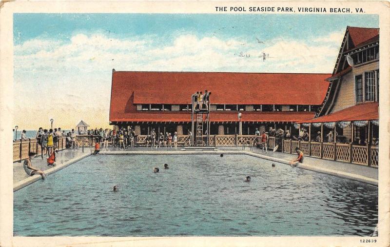 C62/ Virginia Beach Va Postcard 1930 Seaside Park Pool Swimmers Building