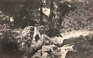 Vintage Postcard 1910's Family Picnic Park Recreation Gathering Food And Drinks