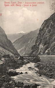 Vintage Postcard Bridge Over Flowing Water River Scenic View & Mountains Russia