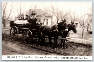 Mt Hope Kansas~Howard Mills Horse-Drawn Oil Wagon~RPPC 1950s Reprint c1910 