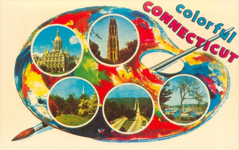 Colorful Connecticut Artist's Palette With 5 Views Vintage Chrome Postcard