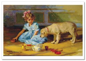 KIDS ART ~ LITTLE GIRL DOG Labrador Teatime Tea POT Cup Razumov Modern Postcard