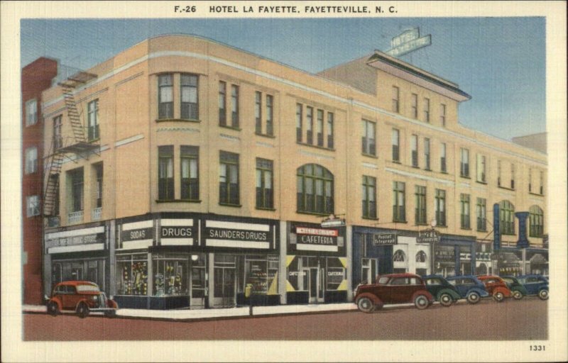 Fayetteville NC Hotel La Fayette Linen Postcard - Drug Store