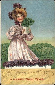 New Year's Pretty Woman Clovers Embossed c1910s Postcard