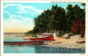 Canoes and Dock, Scene on Long Lake Near Alpena MI Vintage Postcard K75