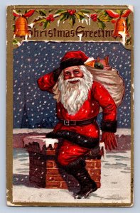 K10/ Santa Claus Christmas Postcard c1910 Chimney Toys Snow Smile  78
