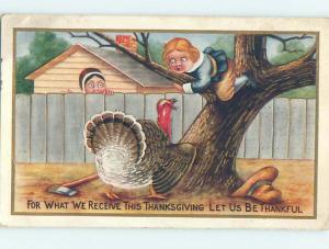 Pre-Linen thanksgiving ANGRY TURKEY CHASES BOY UP THE TREE HL1746
