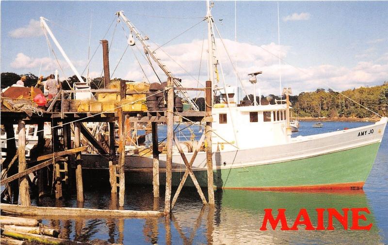 South Bristol Maine~Men Unloading Fishing Boat Amy Jo~1970s Postcard