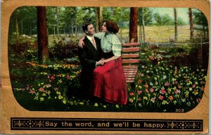 Vtg Postcard 1910 Romance Gilded Garden Say the Word and We'll Be Happy