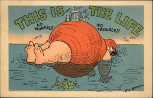 Body Humor Comic Fat Woman Floats Beer Belly  c1940s Linen Postcard