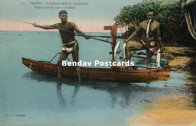 french polynesia, TAHITI, Native Tahitian Males  Fishing with Harpoon (1920s)