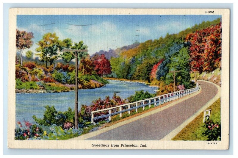 1945 Greetings From Princeton Indiana IN, Road And River View Vintage Postcard