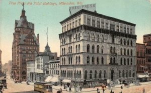 MILWAUKEE, Wisconsin WI  FREE PRESS & PABST BUILDINGS Street Scene 1913 Postcard