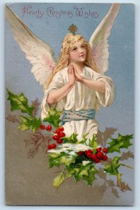 c1905 Christmas Angel Cherub And Holly Berries Nash Antique Posted Postcard