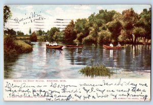 Racine Wisconsin Postcard Scene Root River Canoe Boat Lake 1906 Vintage Antique