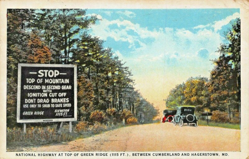 NATIONAL HIGHWAY-TOP OF GREEN RIDGE-BETWEEN CUMBERLAND HAGERSTOWN MD POSTCARD