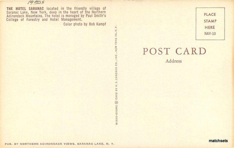 Autos 1950s Saranac Lake New York Hotel roadside Crocker postcard 10987