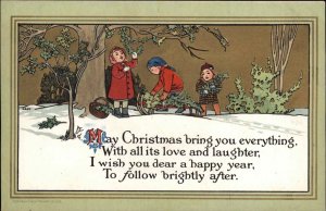 Christmas Children Gathering Holly with Sled BonTon Arts Vintage Postcard