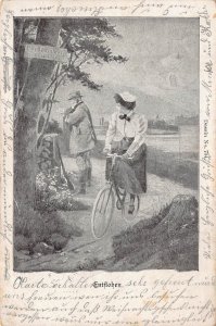 WOMAN RIDES BICYCLE-FÜR RADFAHRER VERBOTEN SIGN ON TREE-1890s GERMAN POSTCARD