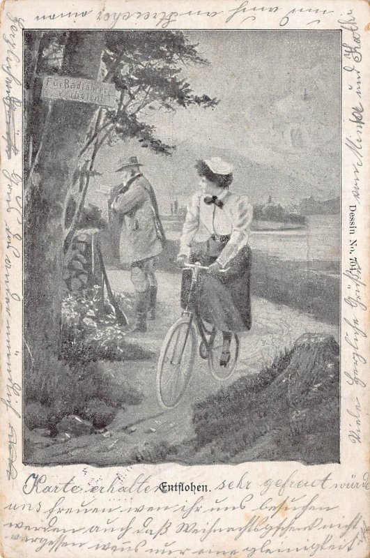 WOMAN RIDES BICYCLE-FÜR RADFAHRER VERBOTEN SIGN ON TREE-1890s GERMAN POSTCARD