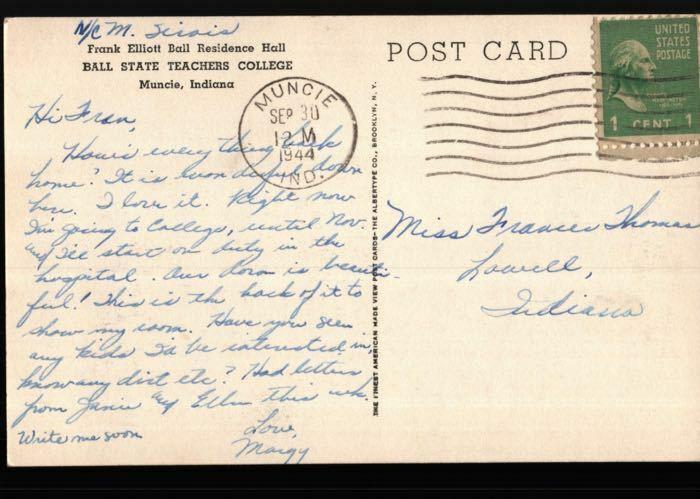 Muncie to Lowell IN Ball State Teacher's College Dorm Albertype Postcard B05