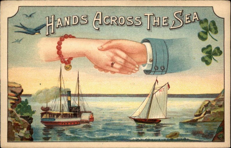 Ships Boats Hands Across The Sea Clovers Embossed c1910s Postcard