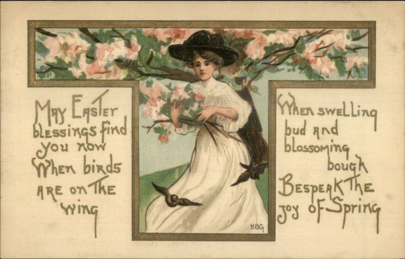 Easter - Beautiful Woman Gathers Flowers c1910 HBG Griggs Postcard