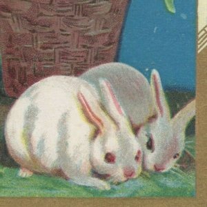 c1910 Easter rabbits red eyes basket of flowers gilt embossed postcard C22 