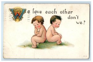 1913 Two Little Boy Bare Butt Sad Harrisonburg Virginia VA Antique Postcard 