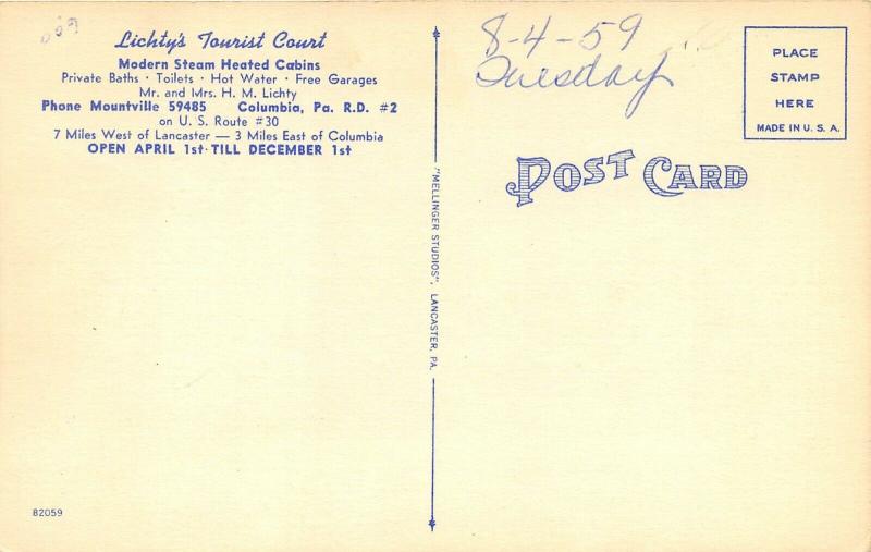 Lancaster Pennsylvania 1950s Linen Postcard Lichty's Tourist Court Motel 