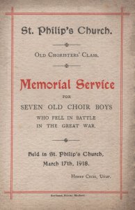 Sheffield Choir Boys Children Killed In WW1 1918 War Funeral Memorial Card