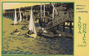 Postcard Hand Made Small Boat Landing Santa Monica CA