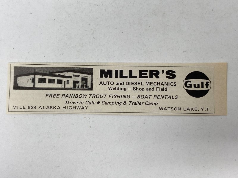 1969 Yukon Territory Miller's Auto Mechanics Watson Lake Print Ad Photo Gulf Gas