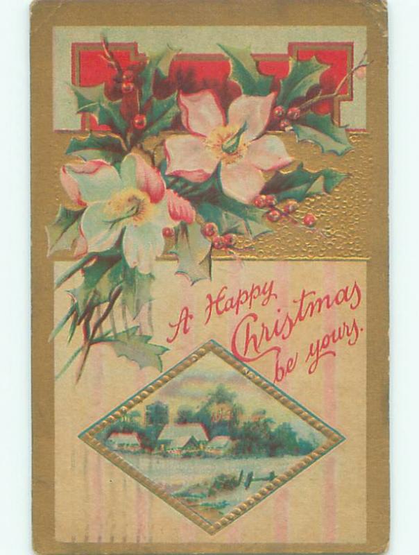 Pre-Linen christmas PINK FLOWERS WITH HOLLY AND WINTER SCENE J1499