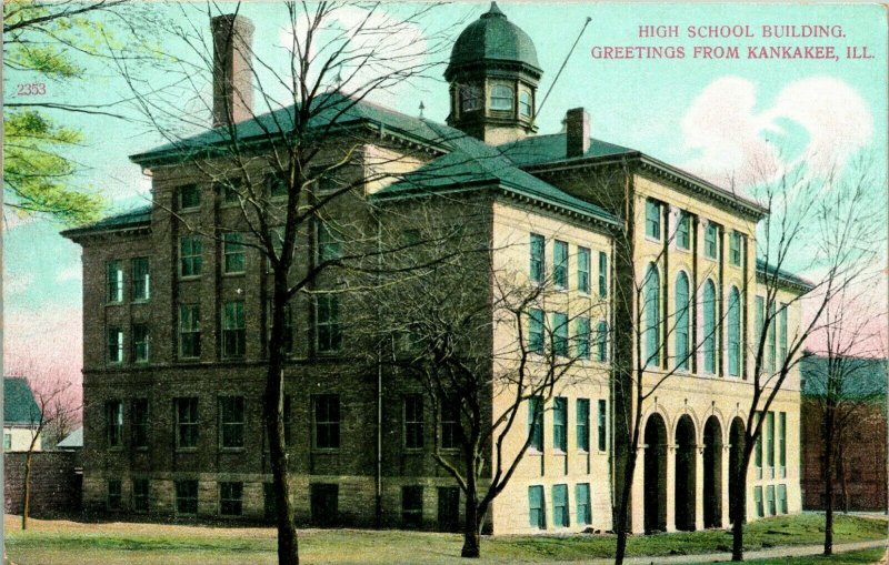 Vtg Carte Postale 1910s Kankakee Haut École Bâtiment Voeux De Kankakee Il