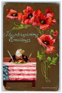 1909 Thanksgiving Greetings Anthropomorphic Eagle Eating Turkey Flowers Postcard 