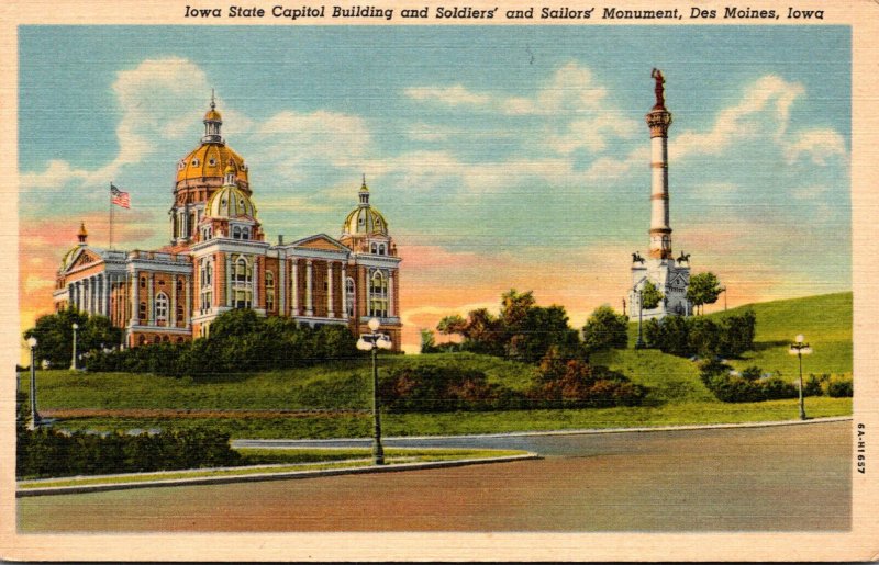 Iowa Des Moines State Capitol Building and Soldiers and Sailors Monument Curt...