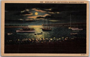 Waukegan Illinois ILL, Moonlight on Lake, Ship & Boat, Shore, Vintage Postcard