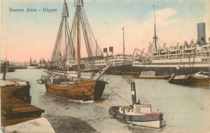 Postcard Buenos Aires Diques C-1910 Argentina harbor ships hand colored 23-4321