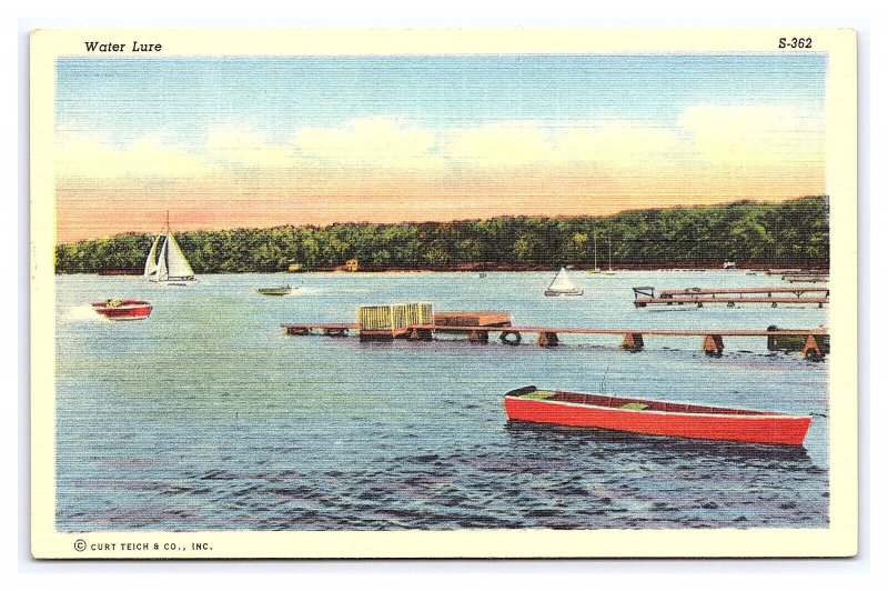 Water Lure Postcard Sailboats Speed Boat Canoe Fishing Dock