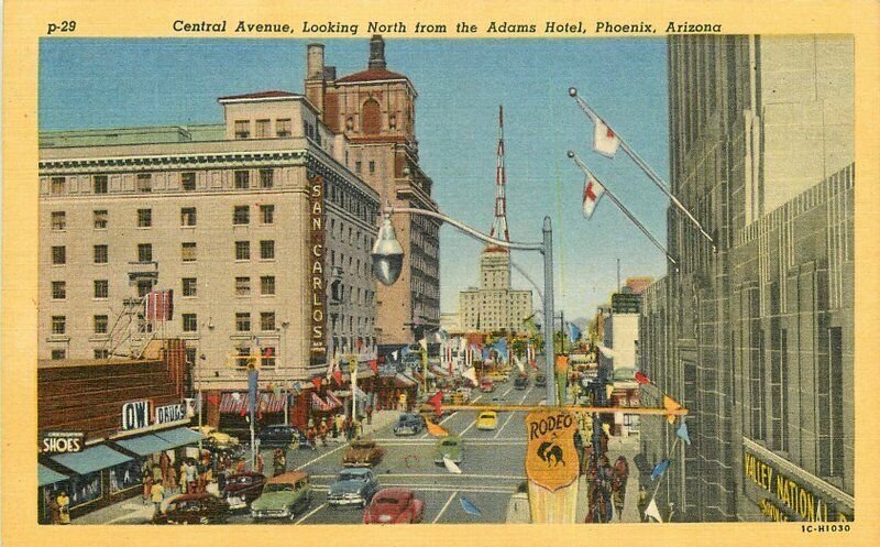 Adams Hotel Autos Central Lollesgard Teich 1940s Postcard Phoenix Arizona 9058