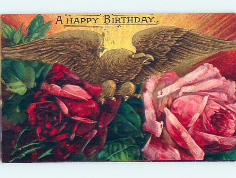 Pre-Linen patriotic GOLDEN EAGLE ON LARGE PINK AND RED ROSE FLOWERS HJ2854