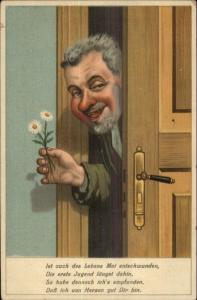 German - Hobo Tramp w/ Flower Peeks Head in Doorway - Poem c1910 Postcard