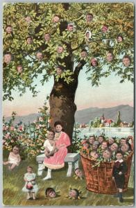 MULTIPLE BABIES in TREE SHADE ANTIQUE POSTCARD 