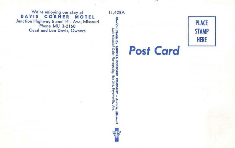 AVA, MO Missouri  DAVIS CORNER MOTEL~Cecil Davis  ROADSIDE  Douglas Co  Postcard