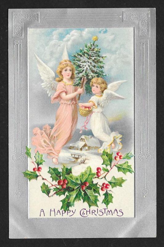 'Happy Christmas' 2 Angels Tree & Holly Unused c1910s