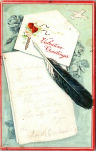 Vintage Valentine DAY - LETTER QUILL - POSTED - V-146 - Postcard  