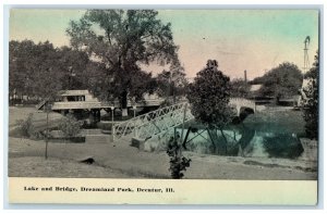 1912 Lake & Truss Bridge Dreamland Park Dining Hall Decatur Illinois IL Postcard