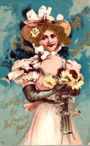 New Year With Beautiful Lady Holding Flowers 1906