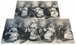 Set 7 antique postcards 1900s early fashion costumes theatre lovers couple amour 